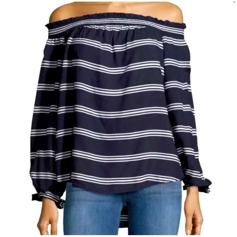 Beachlunchlounge Off Shoulder Navy Striped Top